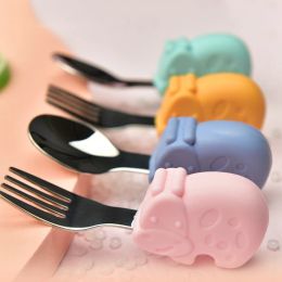 Feeding Hippo Snail Whale Silicone Baby Spoon and Fork 316 Stainless Steel Utensil Set Learn To Eat Tableware Baby Infant Food Feeding