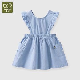 Girl's Dresses Summer Dress Cotton Fly Sleeve Dresses for Kids Girls Solid Blue Girl A-line Knee Length Dress with Pockets Children ClothesL2404