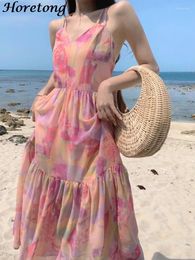 Casual Dresses Horetong Summer Floral Print Chiffon Maxi Dress Sexy Backless Bandage V Neck Sweet Women Vacation Loose Vestidos