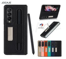 Galaxy Z fold 3 5g mobile phone case with pen holder litchi pattern 3layer real leather2037422