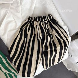 Trousers 2024 Summer Children Boys Wide Leg Pants Linen Cotton Vintage Striped Print Baby Casual Loose Korean Japan Kids Clothes