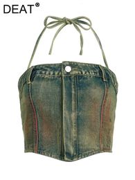 DEAT Womens Denim Tank Tops Tie-dye Retro Strapless Lace-up Slim Zipper Off Waist Short Camis 2024 Summer Fashion 29L3415 240424