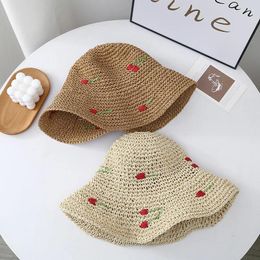 Berets Summer Women Visor Bucket Hat Wide Brim Beach Korean Straw Hand Crochet Cherry For Girl Outdoor Fishing Sun Hats
