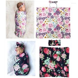 Blankets 2 Pcs Born Floral Swaddle Wrap Headband Set Baby Cotton Receiving Blanket Sleeping Bag Hair Band Infants Boys Girls Shower G