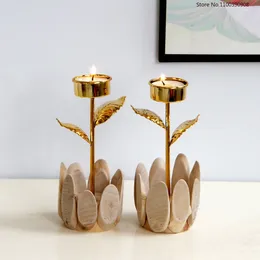 Candle Holders Pastoral Style Gold Wooden Holder Creative Flower Shape Cup Desktop Ornament Living Room Home Decor Candlestick