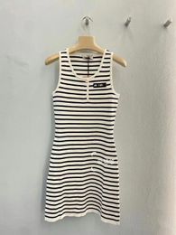 Women o-neck sleeveless knitted stripe logo letter appliqued tank dress SML