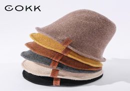 COKK Bucket Hat Women Wool Knitted Solid Color Fisherman Hats For Women Warm Winter Hat Cap Leather Label Vintage Korean Gorros 229640540