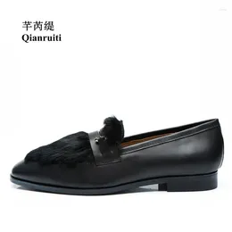 Casual Shoes Qianruiti Men's Hair Slip-on Loafers Gold Metal Hook Smoking EU39-EU46 Customized Color Men