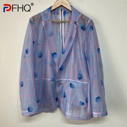 Men's Suits PFHQ Blazers Summer Print Single Breasted Transparent Organza Sun Protection Casual Loose Male Suit Jackets Chic 21Z4570