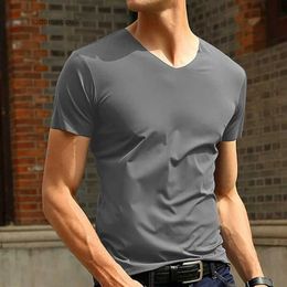 Men's T-Shirts Casual Mens Short Sleeve Ice Silk Cotton Trackless V-Neck T-Shirt Slim Fit Basic Homewear T Shirts Tee Tops Male ClothingL2404