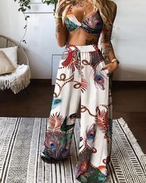 Women's Two Piece Pants 2024 Suspender With Open Back Fashion Print Bra Loose Wide Leg Two-Piece Set