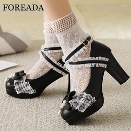 Dress Shoes FOREADA Woman Lolita Style Ankle Strap Platform Block High Heels Pumps Round Toe Bow Buckle Lady Footwear Spring 46 Blue