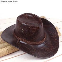 Wide Brim Hats Bucket Hats Cowboy Knight Hat Western Sun Hat Womens Leather Hat Gentleman Jazz Retro Hat Prairie Glasses Summer Autumn Coat Y240425