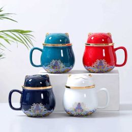 Tumblers 320ml Portable Ceramic Office Cup With Filter Travel Coffee Tea Festival Gift Lovely Cat Tableware Chinese Style H240425