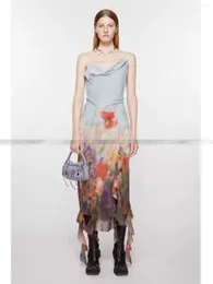 Casual Dresses Women Retro Swinging Collar Oil Painting Halo Dyed Print Strap Sexy Split Irregular Hem Dress