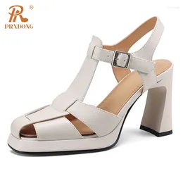 Sandals PRXDONG Summer Genuine Leather High Heels Platform T-strap Black Beige Buckle Dress Party Office Lady Size 34-39