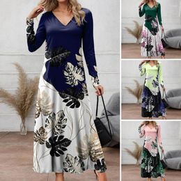 Casual Dresses 2024 Fashion Women Dress V Neck Leaf Print Loose A-line Color Matching Long Sleeve Pullover Ankle Length Spring Maxi