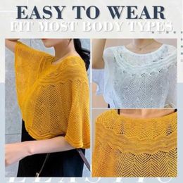 Womens Loose Crochet Tops Hollow Out Cotton Shrug Poncho Shawl Wrap Beach Pullover Warm Shoulders Up Crewneck Summer Q5I7