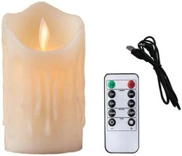 USB Rechargeable Flameless Electric Candle lamp Dripped Paraffin Wax Dancing Moving wick Home Party Bar Pillar Candles w/Remote 240417