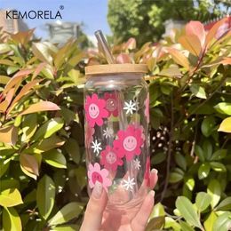 Tumblers 470ML Pink Smiling Flower Theme Beverage Glass 1/2/4PCS Ins Heat-resistant Large-capacity Milk Tea Coke Drink Cup with Lid Straw H240425