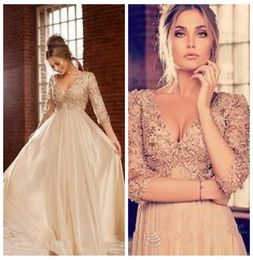 2018 Formal Evening Dresses Gold Champagne Chiffon Prom Party Gowns With 34 Long Sleeves With Crystal Arabic Cheap VNeck Celebri8556417