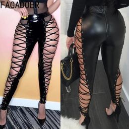 Women's Pants FAGADOER Black Fashion PU Leather Bandage Skinny Women High Waist Hollow Out Trousers Sexy Lady Nightclub Lace Up Bottoms