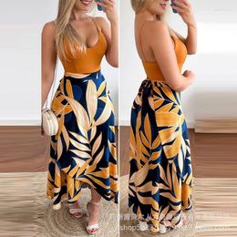 Work Dresses Women Skirt Two Piece Sets V Neck Vest Sleeveless Print Midi Waist Skirts A Line Backless Dress Suit Bohemian Beach Summer