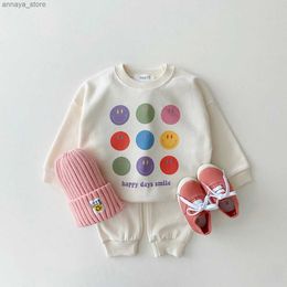 Clothing Sets Korea Autumn Kids Clothing Set Baby Girls Cartoon Smile Face Sweatshirt Tops+Jogger Pants Set Casual Boys Solid Suit Outfits NewL2404