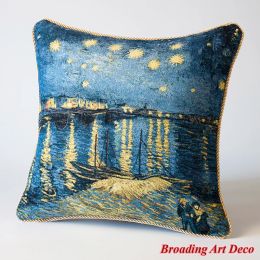 Pillow Van Gogh Tapestry Pillow Cushion Cover Starry Night Over the Rhone, Jacquard Weave Cotton 100% Double Sided Size 45x45cm