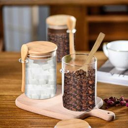 Storage Bottles Jars 1/2 piece transparent glass food storage jar with spoon grains tea coffee beans candy kitchen sealed container H240425