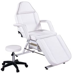 Massage Salon Tattoo Chair with Two Trays Esthetician Bed with Hydraulic Stool, Multi-Purpose 3-Section Facial Bed Table