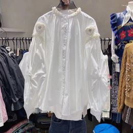 Women's Blouses Chic 3D Floral Embroidery Pearls Beaded White Shirt Spring Fall Diamonds Rhinestone Cardigan OL Tops Blusas