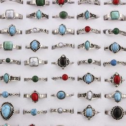 Cluster Rings 10pcs Mixed Bohemia Style Natural Blue Red Stone Tibetan Silver Tone Size 16 17 18 Finger Jewellery For Woman Men