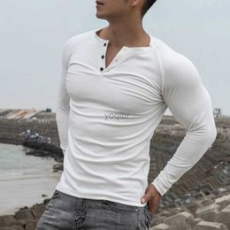 Men's T-Shirts Casual Long sleeve Cotton T-shirt Men Gym Fitness Bodybuilding Workout Slim t shirt Male Solid Tee Tops Sport Training ClothingL2425