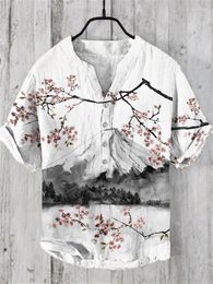 Men's Casual Shirts Ink Cherry Blossom Mountain Print Stand Collar Short-sleeved Shirt Foreign Trade Fashion Loose Bamboo Linen Top