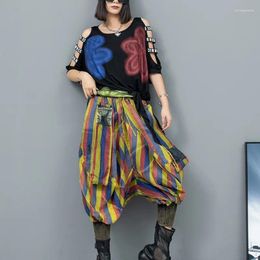 Women's Two Piece Pants 2024 Spring Summer Personalised Colour Contrast Bat Sleeve T-shirt Small Feet Striped Lantern Two-piece Set LX697