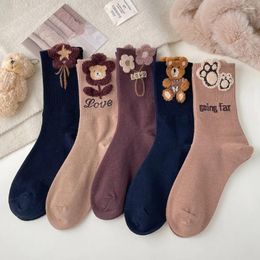 Women Socks Fashion Retro Versatile Cute Plush Cartoon Bear Sock Girls Comfortable Middle Tube Autumn Winter Soft Kawaii For
