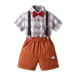 Clothing Sets Korean Style A Children Boy Gentleman Toddler Kids Suits Short Sleeve Bowtie Shirts Suspenders Shorts Outfit