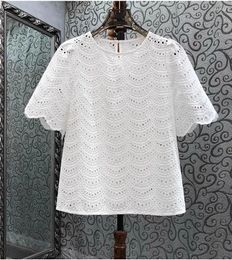Women's Blouses Cotton Tops 2024 Summer Fashion Ladies O-Neck Allover Hollow Out Embroidery Short Sleeve Casual White Blouse