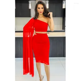 Work Dresses WUHE Stacked Ruched Up Bodycon Midi Skirt Suit And Clock One Sleeve Crop Top 2024 Street Women Outfit Two 2 Piece Set