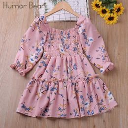 Girl's Dresses Humour Bear Girls Dress 2023 Spring Long Sleeve Floarl Printed Sweet Dresses Warm Christmas Toddler Clothes For 2-6YL2404