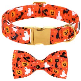 Collars Personlized Halloween Ghost Dog Collar with Bow Orange Puppy Collar Flower Dog Collar Large Medium Small Dog