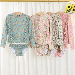 Baby Split Swimsuit Set for Girl Floral Print Ruffled Long Sleeve Top Shorts 2Pcs Suit Spring Summer Kids Clothes Girls Swimwear 240409