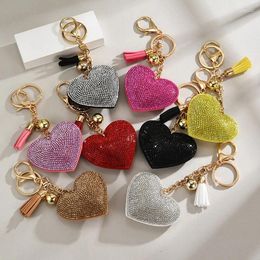 Keychains Colourful Heart Full Rhinestone Keychain PU Leather Tassel Keyring For Women Car Key Holder Valentine's Day Gift