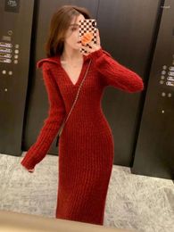 Casual Dresses Korean Fashion Red Knitted Dress Women's Autumn And Winter 2024 Small Fragrance Style Slim Fit Long Female Clothing