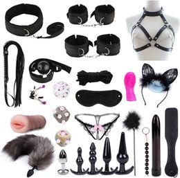 Restraints Sex Toys 26 Pcs Bondage Restraints Kits Fetish Bed Restraints Set for Beginners SM Adult Games Cuffs Gag Blindfold Spanking Paddle