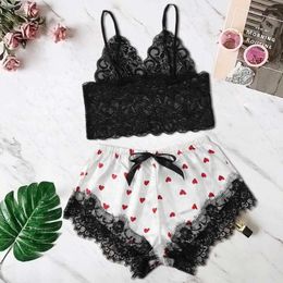 Bras Sets Comfortable And Sexy Women'S Solid Silk Home Set Women Satin Lace Print Camisole Shorts Bow Sleepwear Pyjamas Lingerie