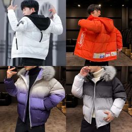 Casual Winter Parka Men Coat with Big Fur Collar Gradient Color Waterproof Thicken Warm Gradual Hooded Outwear Jacket 201123