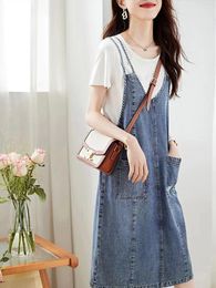 Casual Dresses Summer Thin Denim Overalls Dress For Women 2024 Sleeveless Strap Blue A-line Lady Simple Loose Jean