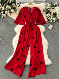 Women's Jumpsuits Rompers Womens wide leg Trousers jumpsuit V-neck sexy Dolman Slaves waist ultra-thin dot printed jumpsuit Y240425